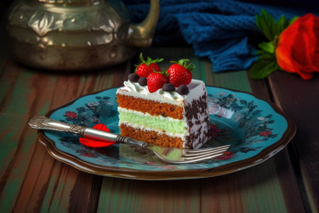 Slice of delicious fresh berry cake, AI Generated illustrationの素材