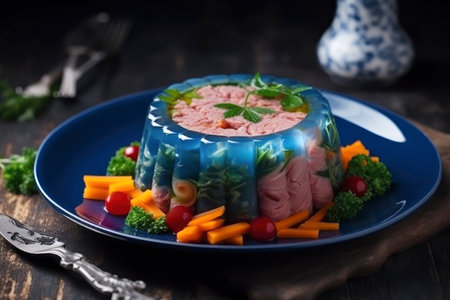 Jellied meat with vegetables beautifully served on a plate, AI Generated illustrationの素材