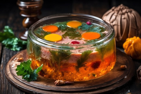 Jellied meat with vegetables beautifully served on a plate, AI Generated illustrationの素材