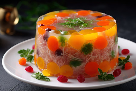 Jellied meat with vegetables beautifully served on a plate, AI Generated illustrationの素材