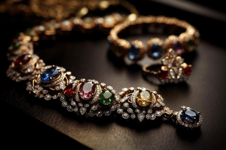 Jewelry with precious stones on black background, AI Generated illustrationの素材
