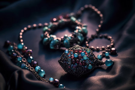 Jewelry with precious stones on black background, AI Generated illustrationの素材
