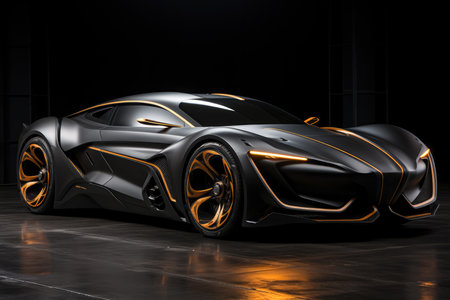 Futuristic concept car in garage on dark background, expensive exclusive sports auto, AI Generated illustrationの素材