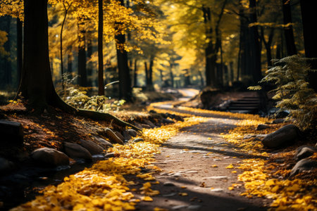 Autumn forest landscape, orange golden foliage, fall wallpaper, AI Generated illustrationの素材