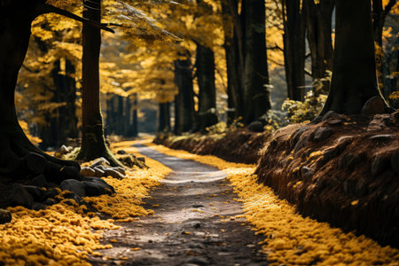 Autumn forest landscape, orange golden foliage, fall wallpaper, AI Generated illustrationの素材