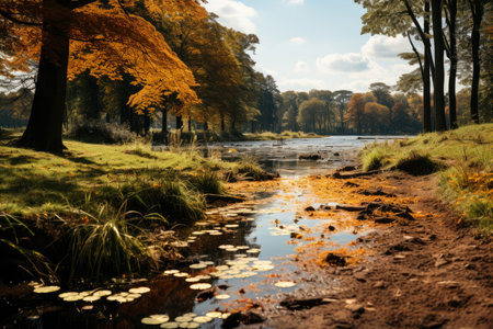 Autumn forest landscape, orange golden foliage, fall wallpaper, AI Generated illustrationの素材