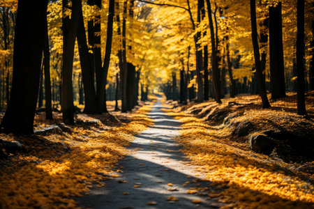 Autumn forest landscape, orange golden foliage, fall wallpaper, AI Generated illustrationの素材