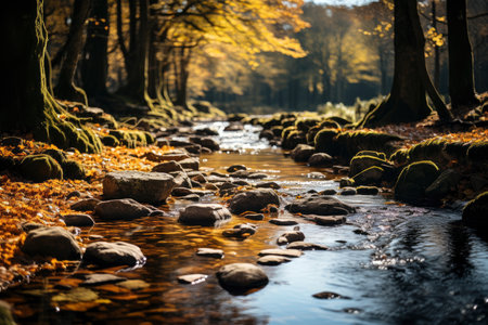 Autumn forest landscape, orange golden foliage, fall wallpaper, AI Generated illustrationの素材