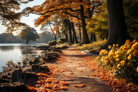 Autumn forest landscape, orange golden foliage in park, fall wallpaper, AI Generated illustrationの素材