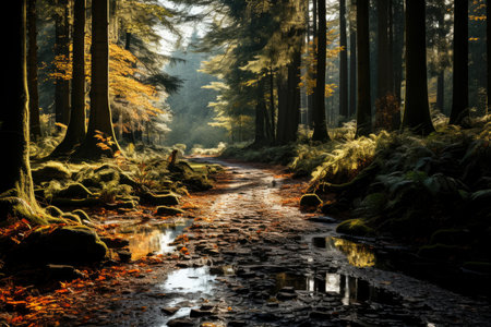 Autumn forest landscape, orange golden foliage, fall wallpaper, AI Generated illustrationの素材