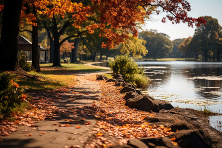 Autumn forest landscape, orange golden foliage in park, fall wallpaper, AI Generated illustrationの素材