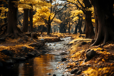 Autumn forest landscape, orange golden foliage, fall wallpaper, AI Generated illustrationの素材