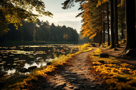 Autumn forest landscape, orange golden foliage, fall wallpaper, AI Generated illustrationの素材