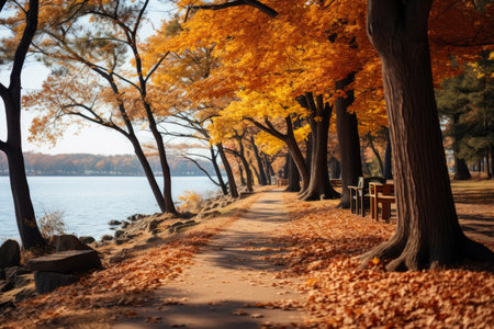 Autumn forest landscape, orange golden foliage in park, fall wallpaper, AI Generated illustrationの素材