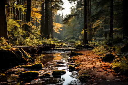 Autumn forest landscape, orange golden foliage, fall wallpaper, AI Generated illustrationの素材