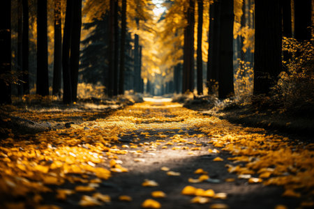 Autumn forest landscape, orange golden foliage, fall wallpaper, AI Generated illustrationの素材