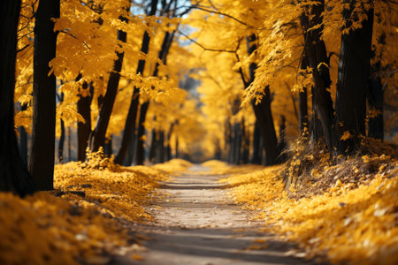 Autumn forest landscape, orange golden foliage, fall wallpaper, AI Generated illustrationの素材