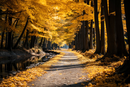 Autumn forest landscape, orange golden foliage, fall wallpaper, AI Generated illustrationの素材