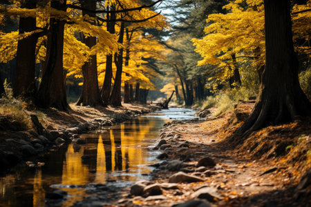 Autumn forest landscape, orange golden foliage, fall wallpaper, AI Generated illustrationの素材