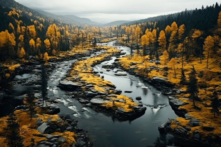 Autumn forest landscape, orange golden foliage, fall wallpaper, AI Generated illustrationの素材