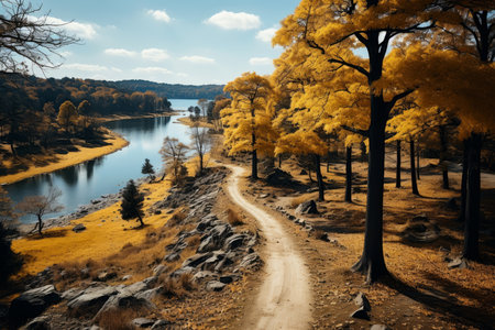 Autumn forest landscape, orange golden foliage, fall wallpaper, AI Generated illustrationの素材