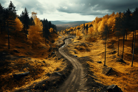 Autumn forest landscape, orange golden foliage, fall wallpaper, AI Generated illustrationの素材