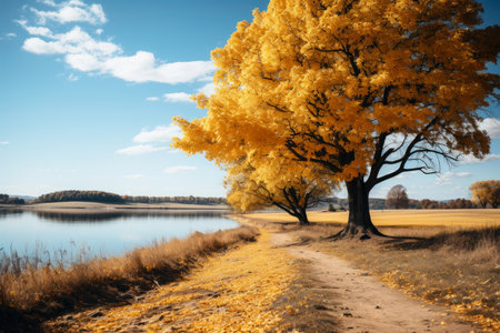 Autumn forest landscape, orange golden foliage, fall wallpaper, AI Generated illustrationの素材
