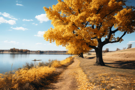 Autumn forest landscape, orange golden foliage, fall wallpaper, AI Generated illustrationの素材