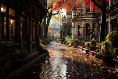 Autumn city rainy landscape, orange golden foliage, fall wallpaper, AI Generated illustrationの素材