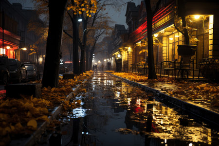Autumn city landscape, orange golden foliage, fall wallpaper, AI Generated illustrationの素材