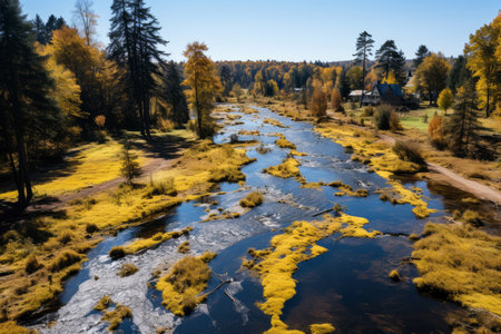 Autumn forest landscape, orange golden foliage in park, fall wallpaper, AI Generated illustrationの素材