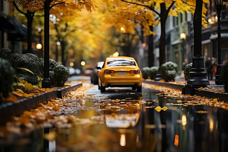 Autumn city landscape, orange golden foliage, fall wallpaper, AI Generated illustrationの素材