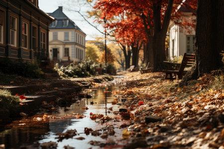 Autumn city rainy landscape, orange golden foliage, fall wallpaper, AI Generated illustrationの素材