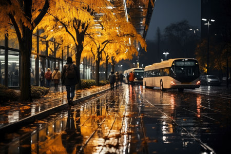 Autumn city landscape, orange golden foliage, fall wallpaper, AI Generated illustrationの素材