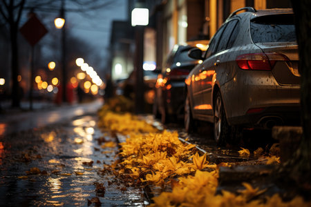 Autumn city landscape, orange golden foliage, fall wallpaper, AI Generated illustrationの素材