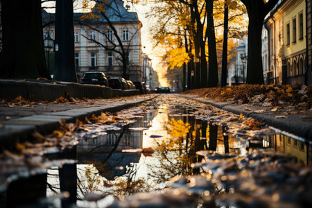 Autumn city rainy landscape, orange golden foliage, fall wallpaper, AI Generated illustrationの素材