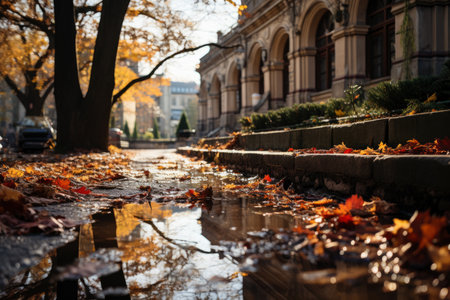 Autumn city rainy landscape, orange golden foliage, fall wallpaper, AI Generated illustrationの素材