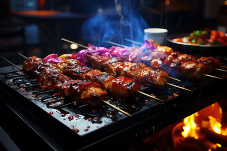 Grilled beef steak with vegetables, barbecue with fire and smoke, AI Generated illustrationの素材