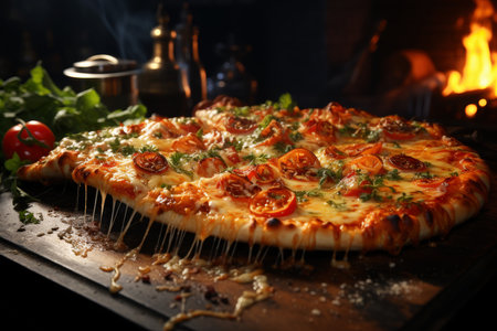 Hot tasty traditional italian pizza with meat and vegetables with smoke and fire, AI Generated illustrationの素材
