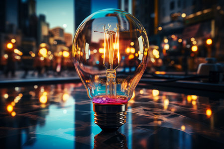 Golden incandescent lamp with diode elements against the backdrop of the night city of the future, electricity and energy generation concept, abstract virtual idea, AI Generated illustrationの素材