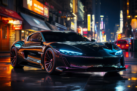 Futuristic sports super car concept on the background of the night city, street racing on expensive exclusive luxury auto, AI Generated illustrationの素材