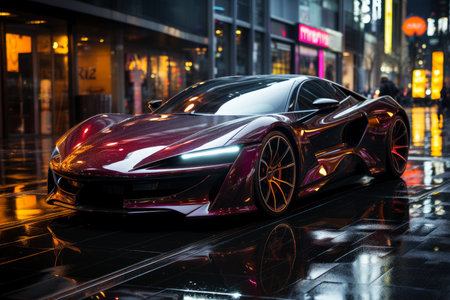 Futuristic sports super car concept on the background of the night city, street racing on expensive exclusive luxury auto, AI Generated illustrationの素材