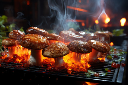 Grilled mushrooms with smoke and flames, vegetarian barbecue, AI Generated illustrationの素材