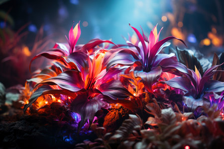 Fantasy fairy tale wallpaper with flame, smoke, purple forest, blooming flowers and plants, fabulous garden and night background, AI Generated illustrationの素材