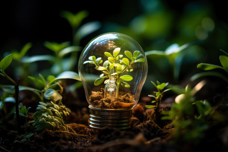 Light bulb with green plants inside and growing from the ground, energy saving and environmental resource conservation concepts, AI Generated illustrationの素材