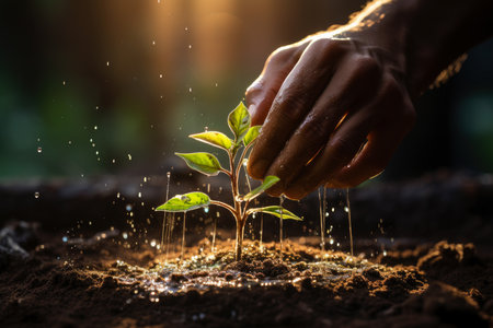 Human hands planting a small seedling in the ground closeup, a green plant in the soil, growth and development concept, AI Generated illustrationの素材