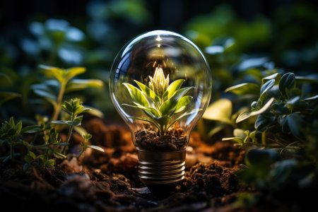 Light bulb with green plants inside and growing from the ground, energy saving and environmental resource conservation concepts, AI Generated illustrationの素材