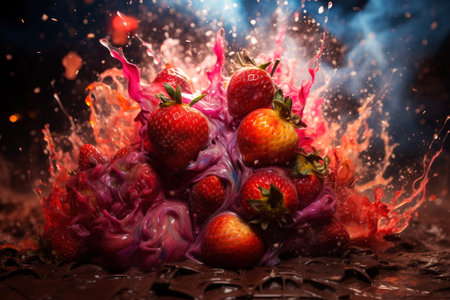 Explosion of taste, strawberry on a black background in a splash of juice, refreshing juicy fruit concept, AI Generated illustrationの素材