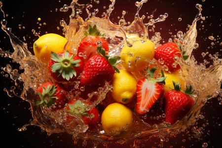 Explosion of taste, strawberry and lemon on a black background in a splash of juice, refreshing juicy fruit concept, AI Generated illustrationの素材