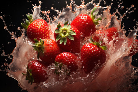 Explosion of taste, strawberry on a black background in a splash of juice, refreshing juicy fruit concept, AI Generated illustrationの素材